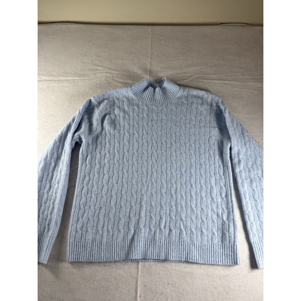 J Crew Cable‎ Knit Sweater Extra Soft Yarn Blue Mock Neck Wool Blend Women's Lg